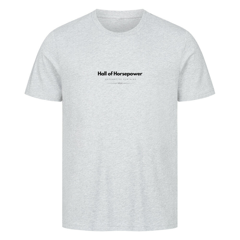 Grau meliertes T-Shirt mit Rundhalsausschnitt und einem Sportlichem Schnitt. Brustaufdruck mit dem Logo von Hall of Horsepower Automotive Clothing in Schwarz. 