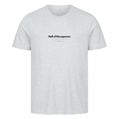 Grau meliertes T-Shirt mit Rundhalsausschnitt und einem Sportlichem Schnitt. Brustaufdruck mit dem Logo von Hall of Horsepower Automotive Clothing in Schwarz. 
