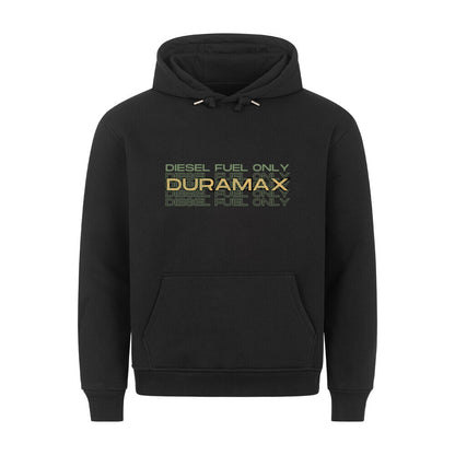 Schwarzer Kapuzenpullover mit bauchtasche und einem Aufdruck auf Brusthöhe. in oliv grün im Vordergrund steh Diesel Fuel only und im Hintergrund Duramax in gelb. 