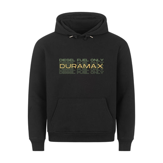 Schwarzer Kapuzenpullover mit bauchtasche und einem Aufdruck auf Brusthöhe. in oliv grün im Vordergrund steh Diesel Fuel only und im Hintergrund Duramax in gelb. 