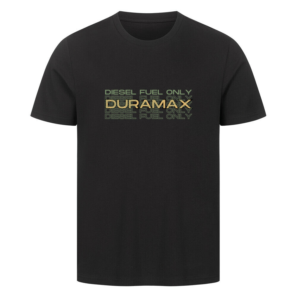 Schwarzes T-shirt mit einem Aufdruck auf Brusthöhe  in oliv grün im Vordergrund steht Diesel Fuel only und im Hintergrund Duramax in gelb. 