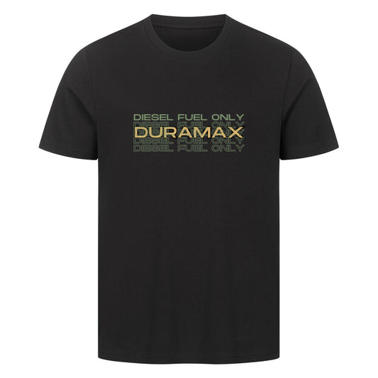 Schwarzes T-shirt mit einem Aufdruck auf Brusthöhe  in oliv grün im Vordergrund steht Diesel Fuel only und im Hintergrund Duramax in gelb. 