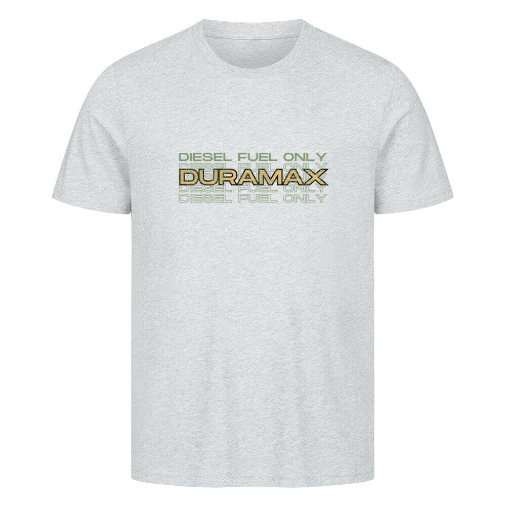 Graues T-shirt mit einem Aufdruck auf Brusthöhe, in oliv grün im Vordergrund steht Diesel Fuel only und im Hintergrund Duramax in gelb mit schwarzer Umrandung.