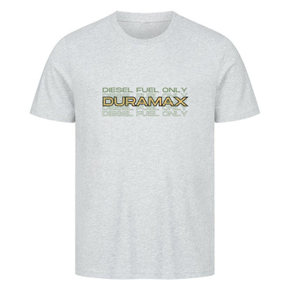 Graues T-shirt mit einem Aufdruck auf Brusthöhe, in oliv grün im Vordergrund steht Diesel Fuel only und im Hintergrund Duramax in gelb mit schwarzer Umrandung.