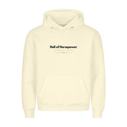 Beige Kapuzenpullover inklusive  Bändel mit Metallenden. Brustaufdruck mit dem Logo von Hall of Horsepower Automotive Clothing in Schwarz. Zudem besitzt der Pullover eine Bauchtasche die von innen angeraut ist.