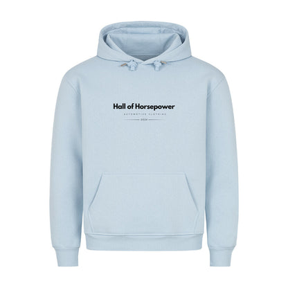 Hellblauer Kapuzenpullover inklusive  Bändel mit Metallenden. Brustaufdruck mit dem Logo von Hall of Horsepower Automotive Clothing in Schwarz.  Zudem besitzt der Pullover eine Bauchtasche die von Innen angeraut ist.