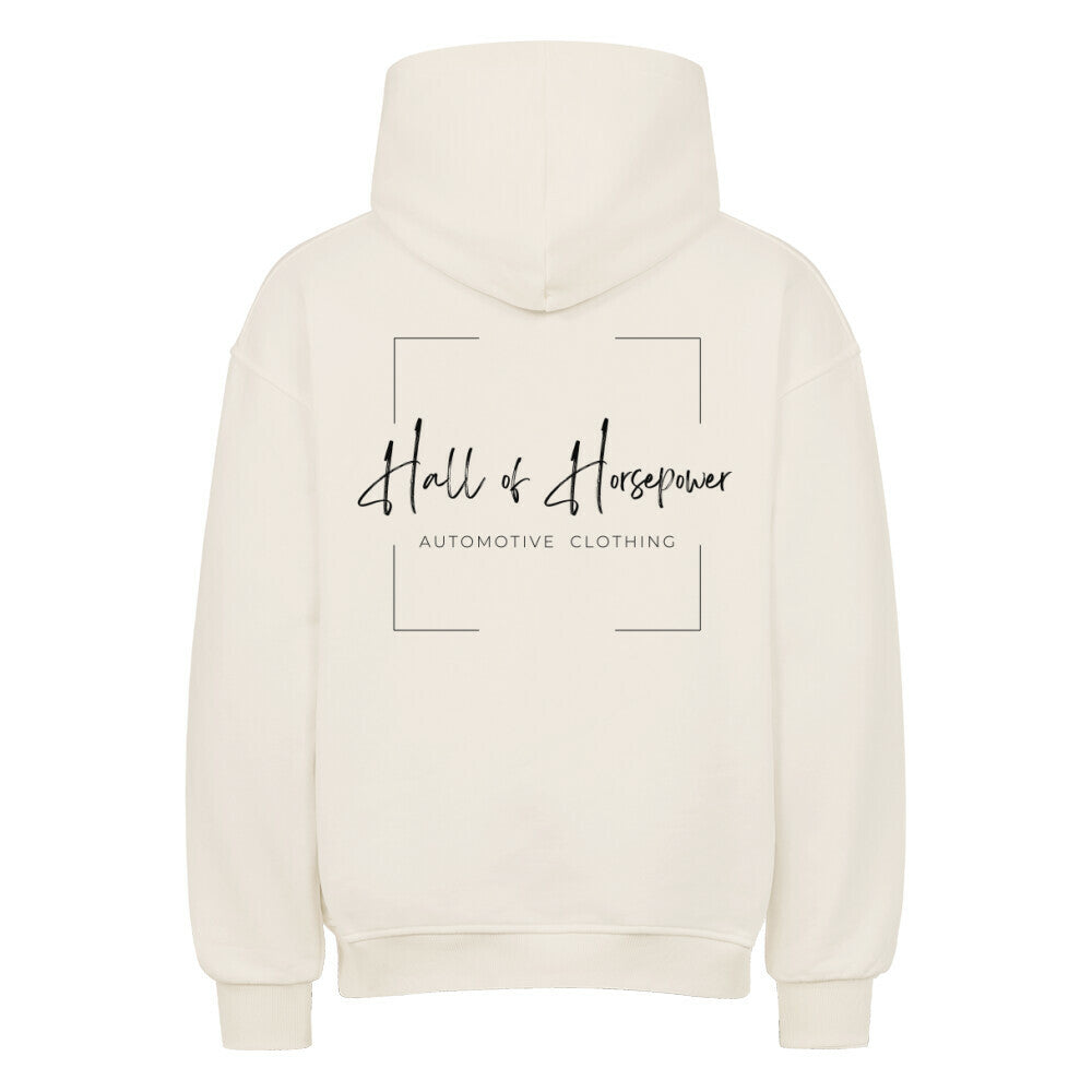 Beiger Oversized Hoodie von hinten mit Aufdruck Hall of Horsepower Automotive Clothing  in Schwarz in der Mitte vom Rücken