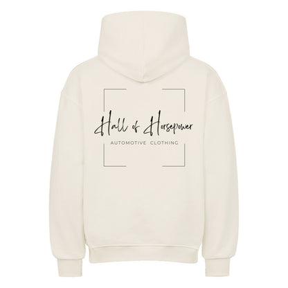 Beiger Oversized Hoodie von hinten mit Aufdruck Hall of Horsepower Automotive Clothing  in Schwarz in der Mitte vom Rücken