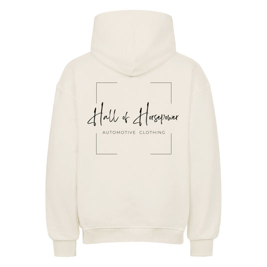 Beiger Oversized Hoodie von hinten mit Aufdruck Hall of Horsepower Automotive Clothing  in Schwarz in der Mitte vom Rücken