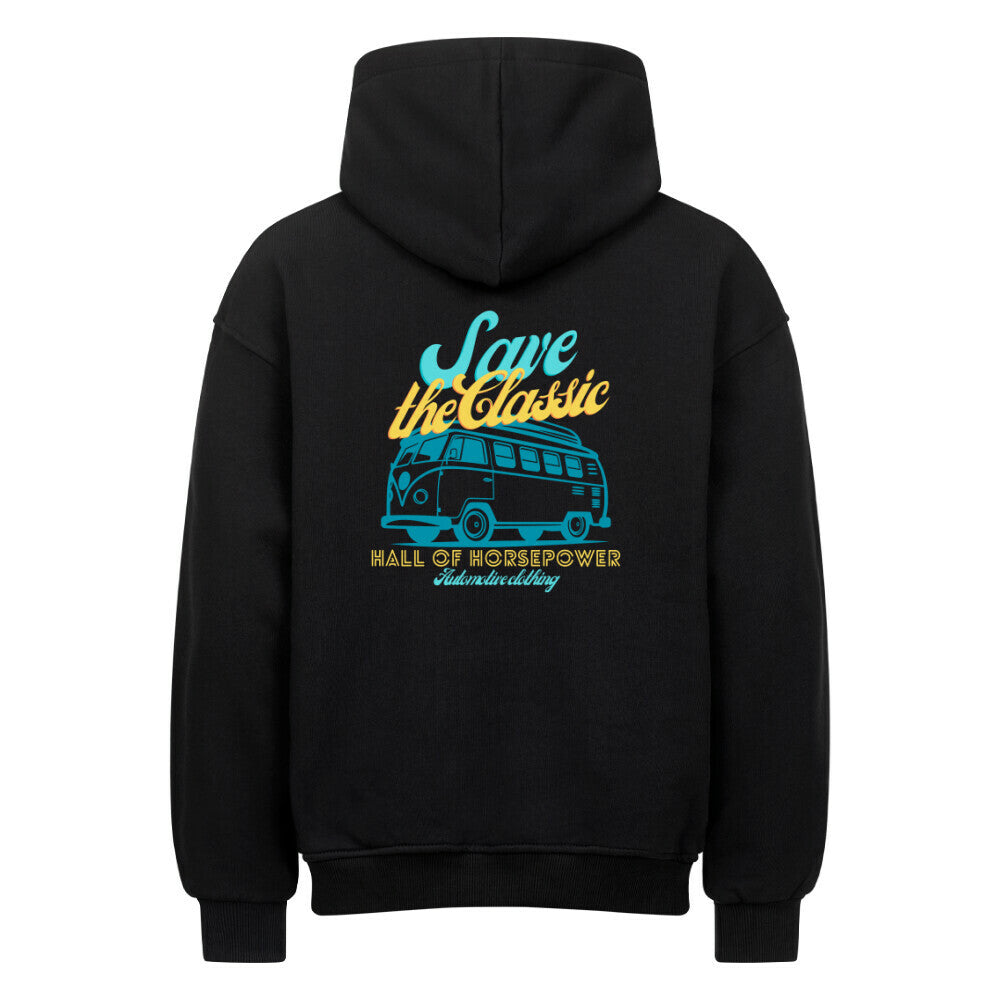 Schwarzer Oversized Hoodie mit Kapuze von hinten mit dem Aufdruck Save the Classic, einem Bulli und Hallos Horsepower Automotive Clothing in der Mitte vom Rücken. Farblich in Hellblau und Gelb kombiniert