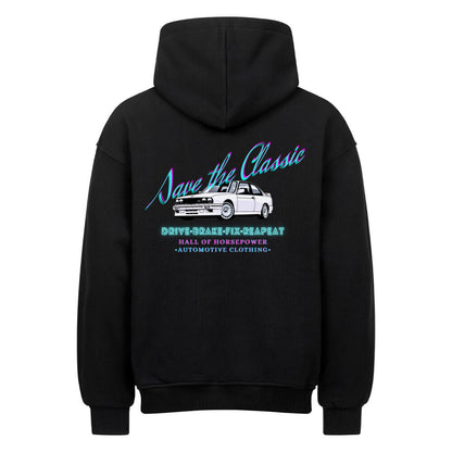 Schwarzer Oversized Hoodie mit Kapuze von hinten mit dem Aufdruck Save the Classic, einem BMW E30, Drive Break Fix Repeat und Hall of Horsepower Automotive Clothing in der Mitte vom Rücken. Farblich in türkis und Pink kombiniert