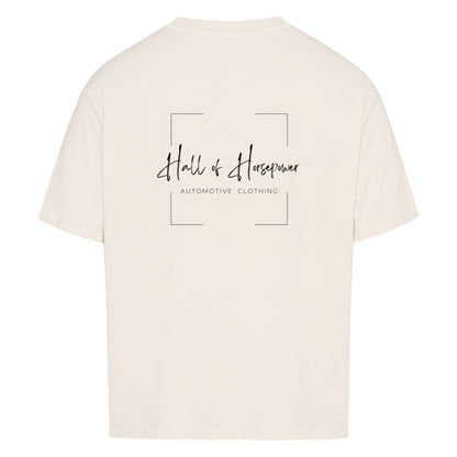 Beiges Oversized Shirt mit Aufdruck Hall of Horsepower Automotive Clothing in Schwarz auf dem Rücken. 