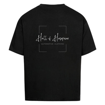 Schwarzes Oversized Shirt mit Aufdruck Hall of Horsepower Automotive Clothing in Weiß auf dem Rücken. 